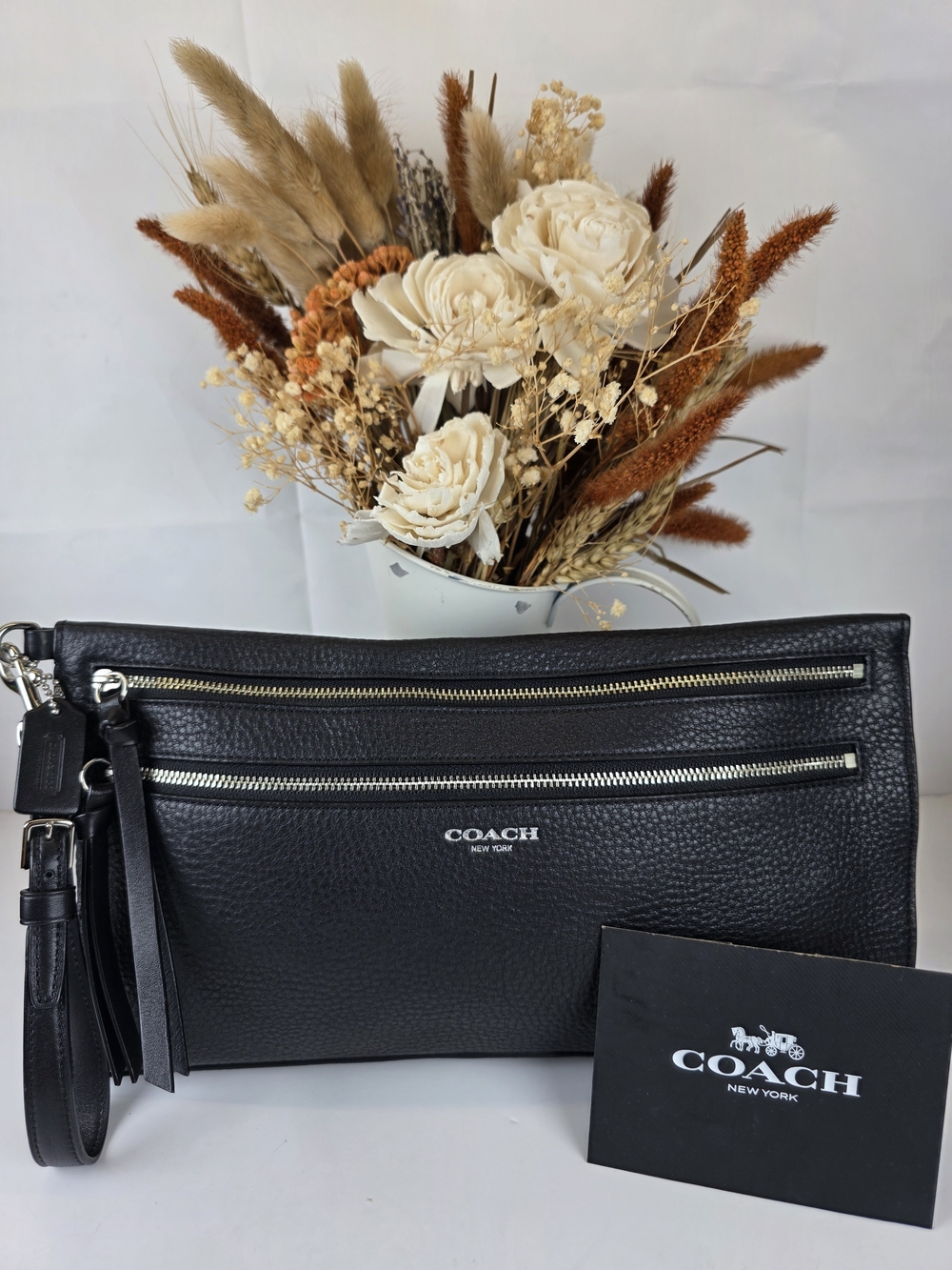 COACH Large Wristlet Clutch Black Leather Zip-Front Bag